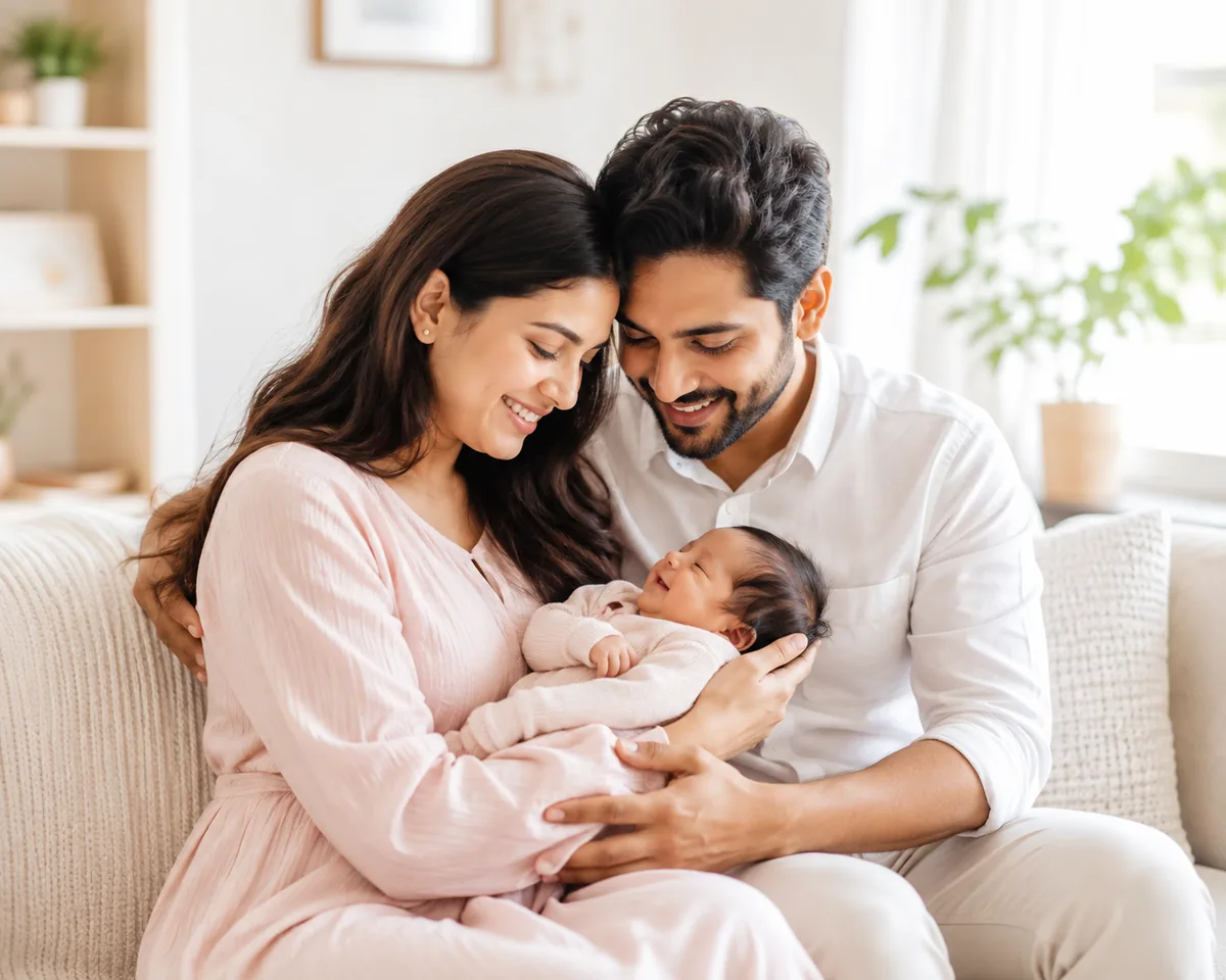 Two parents sitting together on a sofa, holding their sleeping newborn