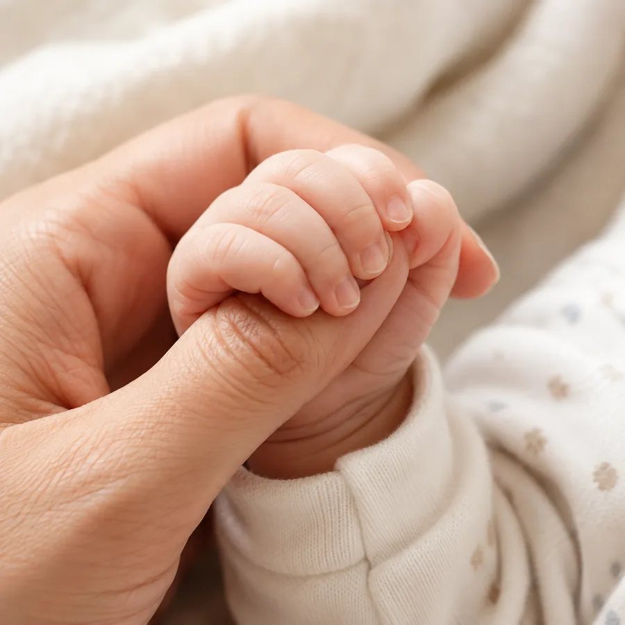A newborn's hand gripping an adult's finger
