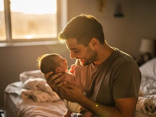 A father cradling his newborn in warm morning light
