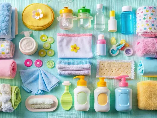 An aerial flat lay of newborn care essentials — folded towels, bottles, wash products, sponges and grooming items