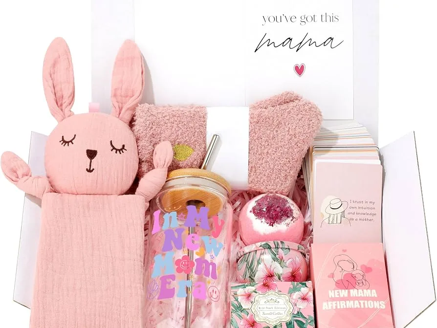 A new-mother care package with a bunny comforter, cosy socks, a tumbler, a bath bomb and affirmation cards