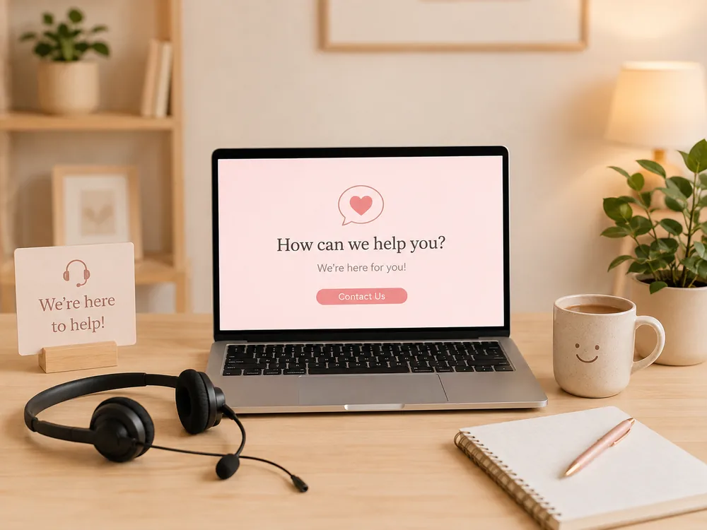 A tidy support desk with a laptop reading 'How can we help you?', a headset and a mug